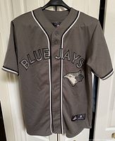 Front view of dark grey Toronto Blue Jays jersey showing team name and logo with black and white trim.