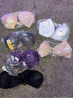 Top-down image showing seven women's bras in various colors, all individually packaged, laid on carpet.