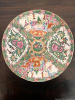 Top view of the vintage Chinese porcelain plate showing detailed hand painted rose medallion design with figures and floral patterns.