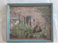 Framed acrylic painting showing stone wall, window, and flowers.