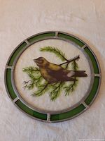 Front view of stained glass circular panel showcasing bird on green foliage with green glass rim segments on light background.
