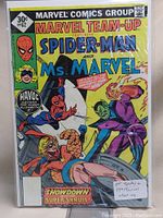 Front cover of Marvel Team-Up #62 comic book featuring Spider-Man and Ms. Marvel with The Thing and Super-Skrull.