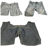 Photo showing three pairs of pants: light grey casual pants with drawstring waist, light blue denim jeans with ribbed knee panels, and black denim jeans laid flat.