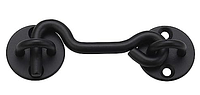 Close-up image of a single 4 inch black privacy hook and eye latch, showing the hook and eye components with two mounting holes each.