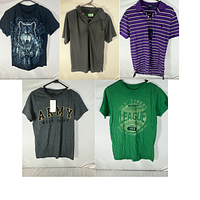 Five men's t-shirts showing variety of styles and colors including graphic and striped polo