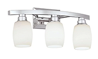 Front view of the 3-light vanity light fixture featuring a sleek chrome finish and three frosted glass shades.