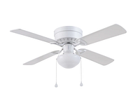 White Harbor Breeze Armitage ceiling fan with four blades and central LED light, shown fully assembled and installed.