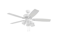 White 52-inch ceiling fan with 5 blades and 4 frosted glass light shades, showing pull chains hanging below.