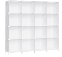 Full front view of white 16-cube modular storage shelf, clean and assembled, showing 16 open compartments arranged in a 4x4 grid.