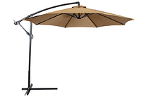 Full view of the Le Papillon 10-ft offset hanging patio umbrella with beige fabric canopy and black aluminum frame including the cross base support.