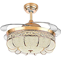 Assembled gold ceiling fan with retractable blades extended and crystal-accented light diffuser