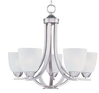 Front view of modern 5 light chandelier with frosted glass globes and curved metal arms