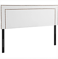 Front view of the white vinyl king-size headboard showing nailhead trim and black mounting legs.