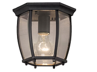 Hexagonal matte black outdoor flush mount light with clear glass panels, showing bulb socket inside.