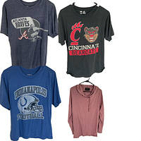 Four men's t-shirts: Atlanta Braves dark blue, Cincinnati Bearcats black, Indianapolis Colts blue, and dusty rose long-sleeve hoodie.