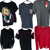 Six men's medium shirts hanging on black hangers against a white background, showing all styles together including graphic tee, knit hoodie, sporty tees, and knit sweater.