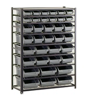 Complete image of assembled bin shelving unit showing 36 bins in different sizes arranged in a metal frame.