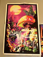 Poster with large glowing mushroom, butterfly and gnome, showing wear and rips on edges