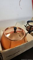 Fondue pot with lid inside original box showing copper-colored finish and black knob