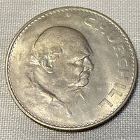 Obverse side of the coin showing Winston Churchill's profile and the inscription 'CHURCHILL'.