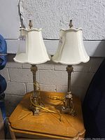 Pair of vintage-style table lamps placed on a wooden table, showing the full lamp bases and shades.