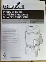 Instruction manual cover showing Char-Broil logo and line drawing of Smoker, Roaster & Grill model 14101550