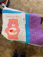 Close-up of Love-a-Lot Bear panel on quilt with purple and blue borders