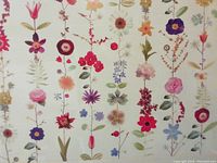 Close-up photo of colorful whimsical floral art on light background showing multiple flower varieties in vertical strings.