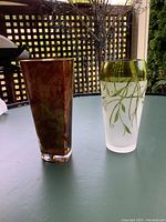 Pair of two distinct glass flower vases on a green table under outdoor light, shown standing upright