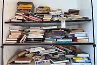 Wide shot showing three shelves and a lower rack filled with mixed books of different sizes, genres, and colors.