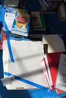 Books stacked on a blue floor with some leaning; includes cardboard box flaps, visible book titles include 'The Seductive Dream'.