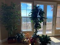 Wide shot showing tall faux plants and various flower arrangements grouped on floor near window and door.