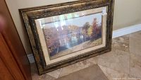 Photo of framed wall art leaning on floor showing landscape scene and frame details.
