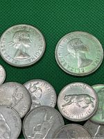 Spread of coins showing two larger portrait obverses and several bobcat quarters