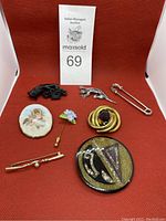 Overview of the seven vintage brooches and pins including a black spider brooch, rhinestone lizard brooch, cameo pin with cherub, blue flower stick pin, gold twisted circular pin with purple stone, geometric black and gold brooch, and a gold bar pin with pearls.