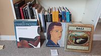 Wide shot showing three prominent art books standing upright, including Charles Pachter and Dali books, with a row of additional art books in the background.