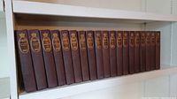 Full shelf row showing all 15 volumes of the Earl of Beaconsfield KG collection 1904 with brown covers and gold embossing.