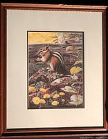 Framed print of chipmunk by Mr. Binks, showing detailed natural scene with flowers and foliage, in wooden frame with matting