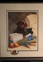 Print featuring a chocolate lab puppy among groceries and ice cream, matted and in good condition measured at 16 x 25 inches.