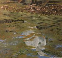 Close-up view showing detailed rendering of the alligator’s head at water level and the egret’s reflection