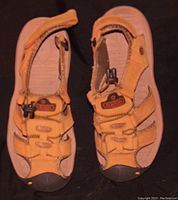 Top-down view of a pair of tan leather sandals showing adjustable straps with black toggles and protective rubber toe caps