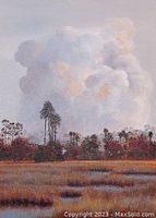 Front view of the acrylic painting showing marsh grasses, trees, and a thunderhead cloud