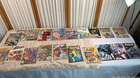 Full view of multiple vintage comic books laid out on a table, includes Spider-Man, Avengers, X-Men, and other titles.