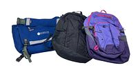 Lot of three Patagonia bags including a blue messenger bag with The Stradford Foundation logo, a black backpack, and a purple and pink backpack, all needing cleaning and unverified for completeness.