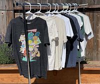 Photo showing 10 assorted graphic T-shirts on hangers, varying colors and fading levels