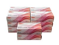 Fourteen boxes of medium size nitrile disposable gloves stacked together showing brand and packaging design.