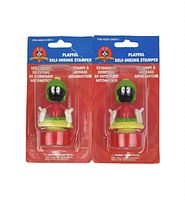 Front view of two sealed Marvin The Martian self-inking stampers in original packaging, with red and blue backing card.