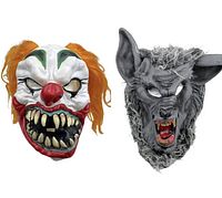 Both scary Halloween masks shown together, one clown with orange hair and one gray werewolf with fur, front view