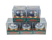 Five boxed Very Merry Whirl-Arounds 1999 spinning Christmas ornaments arranged in two rows: two on top and three on bottom, showing clear plastic domes with visible festive scenes inside.