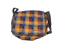 Front view of plaid Dickies messenger bag showing colorful plaid pattern and logo on front flap